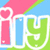 Pixelated 'i' in pink, 'l' in blue, and 'y' in green with white outlines on a diagonal striped background of pink, light blue, and green.