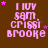 Brown background with pink text reading "I LUV SAM, CRISPI BROOKE" and scattered pink stars in a of nine repeated
