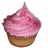 Pixelated cupcake with pink frosting and brown base, featuring blue text overlays in three distinct positions across the image