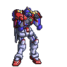 Pixel art of a red, blue, and white mecha robot in multiple poses with motion effects on gray background.