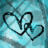Two overlapping black-outlined hearts on a pixelated blue and cyan background with light gray accents.