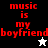 Red pixelated text "music is my boyfriend" on black, white, and gray backgrounds with a small star icon.
