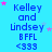 Blue background with repeated text 'Kelley and Lindsey BFFL <333' in blue font, pink and light purple stars scattered throughout.