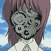 A character with purple hair and a white collared shirt has mechanical gears replacing their face, set against a blue sky background.