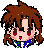 Pixelated chibi-style character with brown hair and red eyes in three expressions: open mouth, smiling, and closed eyes with tears.
