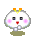 Pixelated character with white round head, pink cheeks, red mouth, black eyes, orange-yellow horns, green base; four variations show closed eyes and floating red hearts.