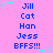 Pixelated text list on pink background with cyan star accents, displaying names and 'BFFS!!!' in blue font.