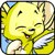 Pixelated yellow cartoon character with closed eyes, pink tongue, and white wings hugging another figure against a gray background.
