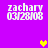 Purple background with four identical text blocks reading 'zachary 03/28/08' and two heart icons in yellow and brown.