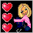 Animated contact sheet of a pixel art character with blonde hair and pink scarf alongside text frames on black background