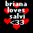 Pixelated text 'briana loves salvi <33' surrounded by red hearts on black background, with animated heart variations.