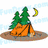 Pixelated camping scene with orange tent, green trees, and yellow crescent moon on white background; text in colored blocks