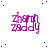 Purple 'zhan zaddy' text in a pixelated style with scattered blue dots on white background, no visible animation changes.
