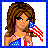 Pixel art buddy icon split into two panels: left shows a woman holding an American flag, right displays "Support Our Troops" text on red background.