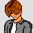 Pixelated character with brown hair and gray jacket, surrounded by purple text phrases on white background.
