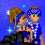 Pixelated blue background with white text and star-like sparkles; two cartoon characters in blue headbands and blue clothing on left; text reads 'why can't you love me?' with a question mark.