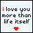 25 identical square each displaying the text "i love you more than life itself" with a heart symbol below, where individual letters and hearts change color between red and black across observations