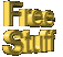 Golden 3D text 'Free Stuff' in various pixelated arrangements on a gray background, with some text elements partially cropped or rotated.