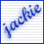 Blue handwritten text 'yachie' on lined paper with a blue border, rendered in pixelated style.