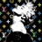 Animated icon shows a white cartoon character with large eyes and flowing hair against black background, transitioning to close-up of colorful patterned fabric.