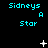 Pixelated cyan text 'Sidneys A Star' on black background with animated white star symbols changing across frames.
