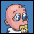 Pixelated baby icon with yellow pacifier, blue eyes, and sparse brown hair against blue background, showing eye and mouth animation changes.