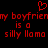 Red pixelated text on black background reads 'my boyfriend is a silly llama' with a red heart symbol above the text.