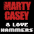 A 3x2 contact sheet of a Marty Casey & Love Hammers animated icon showing four black-and-white portraits and red text on the left, with visible pixelation and dithering in grayscale tones.