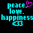 Pixelated cyan text 'peace', 'love.', and 'happiness' with a pink heart symbol on black background, displayed in two identical side-by-side arrangements.