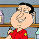 Animated cartoon character in red shirt with yellow star, standing before wooden shelves holding glass bottles.