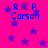 Bright pink background with scattered dark blue stars and repeated text "R.I.P Carson" in blue pixelated font.