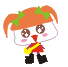Pixelated cartoon character with orange pigtails, green bows, brown eyes, red nose, pink cheeks, yellow and red outfit, black boots; two views show head turned left to right.