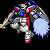 Pixelated Gundam-style robot with red, blue, and silver armor holding a light blue energy effect in its right hand against black background.