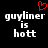 Black background with white pixelated text reading "guyliner is hott" and a red pixelated heart symbol above the text.