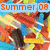 Animated sequence showing three distinct Summer 08-themed scenes: colorful beach flags, silhouetted figures on a pier, and a palm tree by the water.