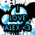 Pixelated blue and black icon with 'I LOVE ALEX <3' text over abstract shapes, featuring a heart symbol and dynamic splatter effects.