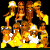 A 2x2 contact sheet of four animated frames showing a pixelated character in yellow and orange with text elements on the right side.