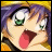 Pixelated anime-style character with purple hair and green eyes, mouth open in a shout, against a black background with white text.