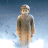 Pixelated figure in brown dress with light sleeves stands against blue gradient background, head slightly tilted, eyes closed, no visible text or props.