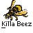 Animated pixel art sequence showing a bee-like creature transforming into a crowd of stylized figures with yellow hair and dark clothing, each labeled "Killa Beez".