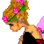 Pixelated cartoon-style icon featuring a female character with blonde hair and pink flower crown, surrounded by pink stars and text fragments on white background.