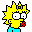 Pixelated yellow-haired cartoon character with blue hair accessory and turquoise pants, holding red object in hand across six
