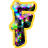 A 48x48 pixel animated buddy icon featuring a stylized letter F with rainbow colors and yellow outline, transitioning from solid to scattered fragments on white background.