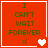 Red square icon with green text "I CAN'T WAIT FOREVER" and a sad face emoticon, featuring animated heart symbols changing from one to two then to three.