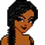 Pixelated character with brown skin and black braided hair wears black crop top and black pants with blue stripes and a blue bow, standing against gray background.