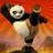 Pixelated panda in black and white with orange-red background, arms raised in dynamic pose.