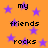 Orange background with purple stars and repeated text 'my friends rocks' in black pixelated font.