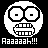 A 5x5 contact sheet of pixel art frames showing a white cartoon face with exaggerated expressions and repeated text elements in red, yellow, and white on black background.