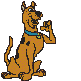 Pixelated cartoon dog with orange fur and black spots, wearing a blue collar with yellow tag, seated on gray background making two distinct hand gestures.