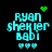 Four pixelated cyan text blocks reading 'Ryan sherkier bobi' with green heart and starburst symbols above, arranged in a on black background